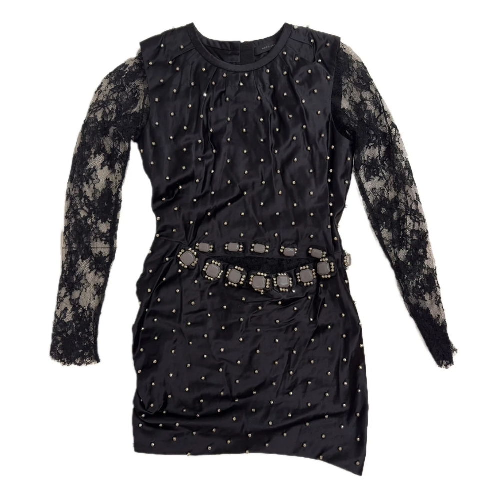 Marc Jacobs  Silk Black Mini Dress with Lace Sleeves Size 4 - Picture 4 of 7